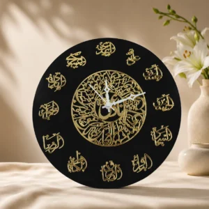 clock Twelve Imams Islamic Wall Clock – Black & Gold Calligraphy